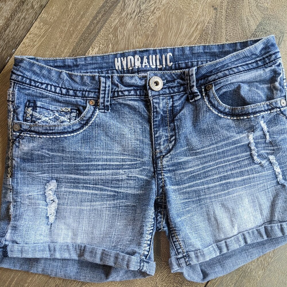 Hydraulic Jeans Distressed blue denim jean shorts Decorative Pockets, Size 13/14